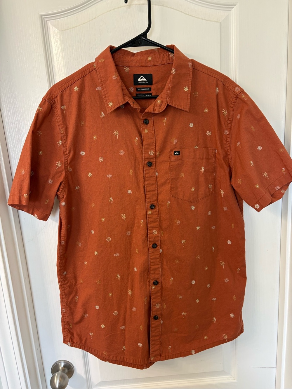 Quiksilver Tropical Palm Floral Button Down Shirt Rust Orange Men's M